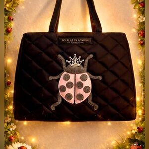 My Flat in London Black Tote with Pink Ladybug and Rhinestone Crown